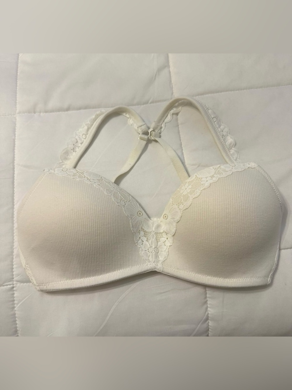 aerie Wireless White Lace-Trim Convertible Ribbed Bra Size 32DD